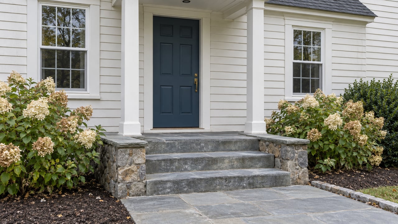 Off-white clapboard house with a deep-blue front door, bluestone steps, and ivory-tan hydrangeas.