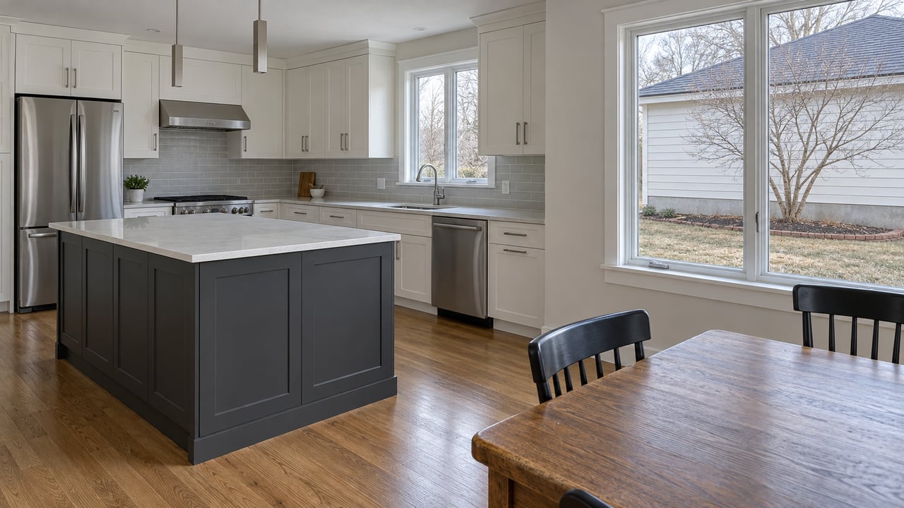 Winter daylight falls across an oak dining table and a renovated kitchen with charcoal cabinetry, white quartz counters and warm wood floors.