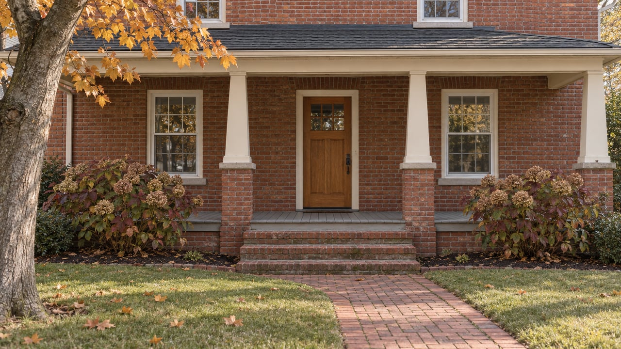 Brick home with a cream timber porch, broad brick steps, a clay-paver garden walk and autumn-colored planting.