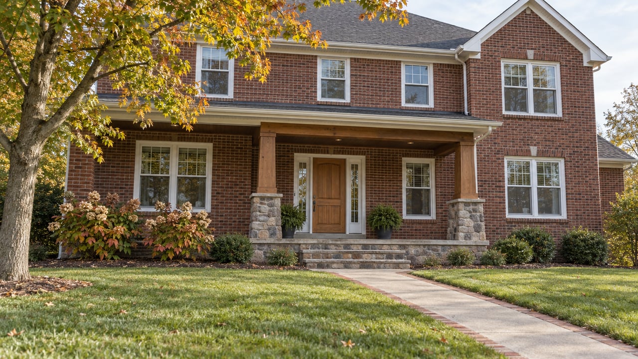 Two-story red brick home with a stone-and-timber porch, broad lawn, diagonal walk, and amber-leaved tree.