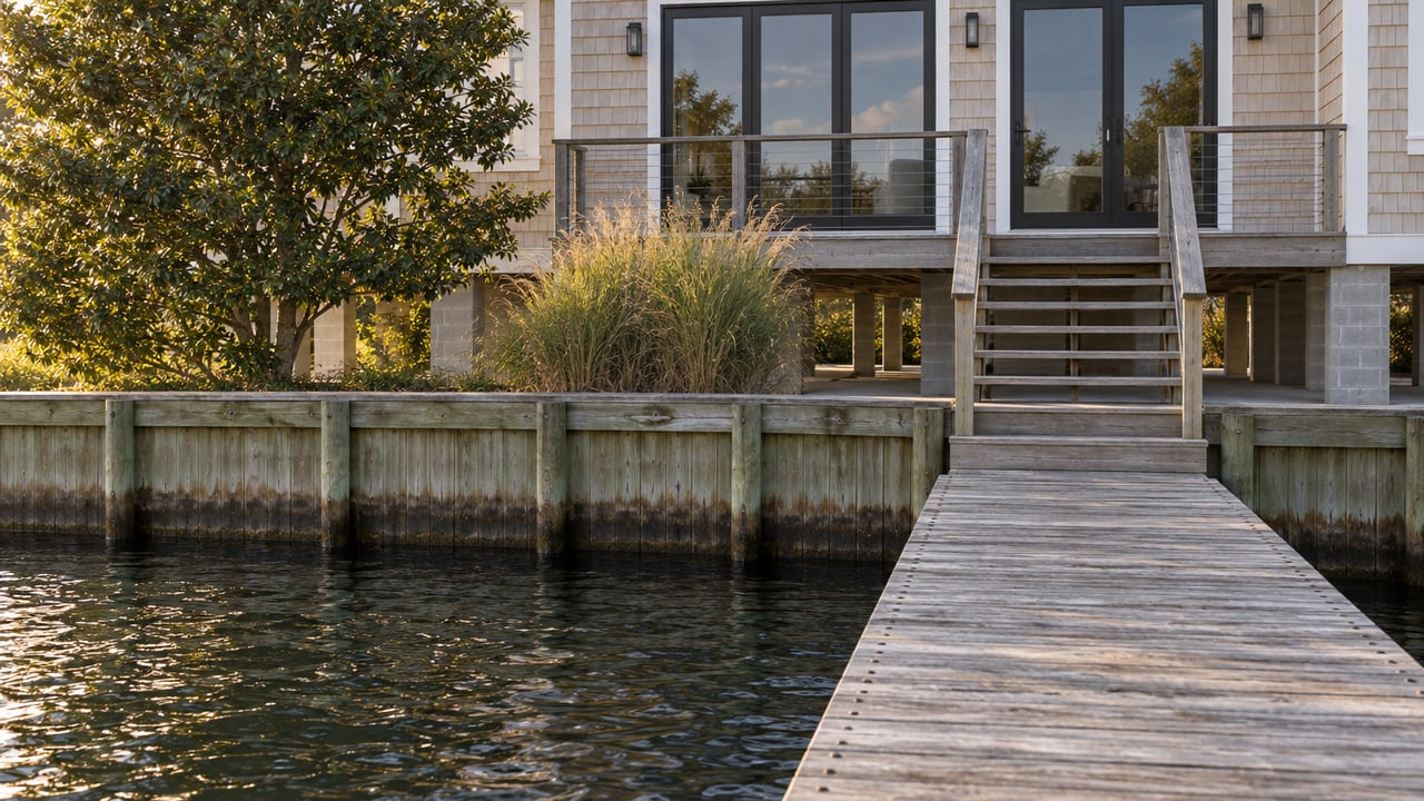 Raised cedar-shingle house with black-framed doors above a timber bulkhead and dock extending over rippled water.