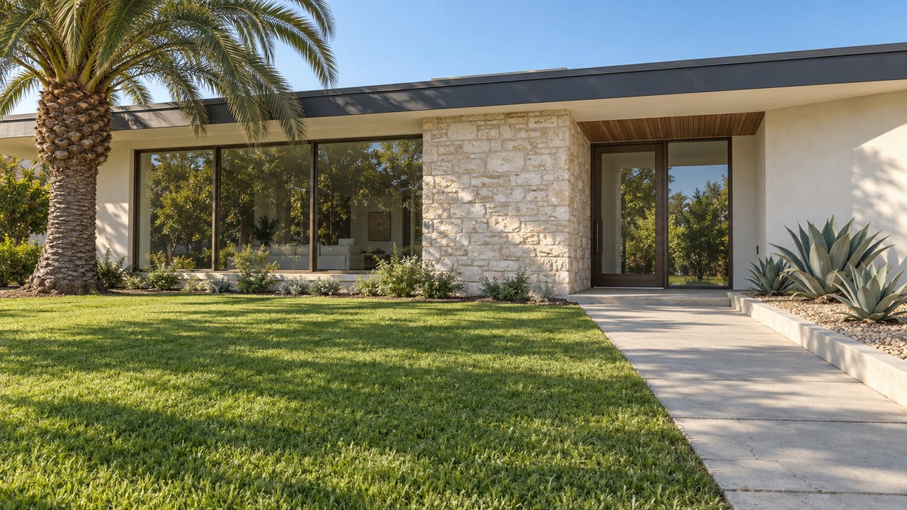 Low modern home with warm-white stucco, limestone, shaded glass entry and a deep green lawn beneath one mature palm.