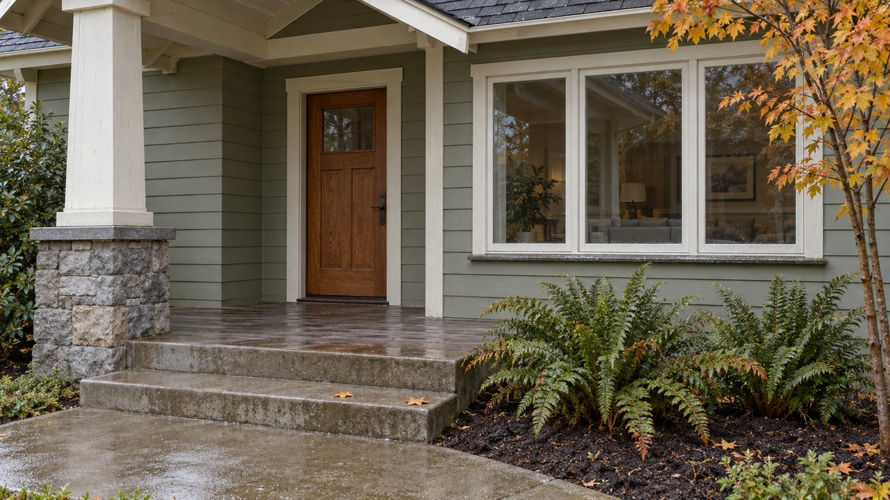 Rain-damp sage lap-sided home with an oak front door, cedar porch, stone pier and autumn vine maple.