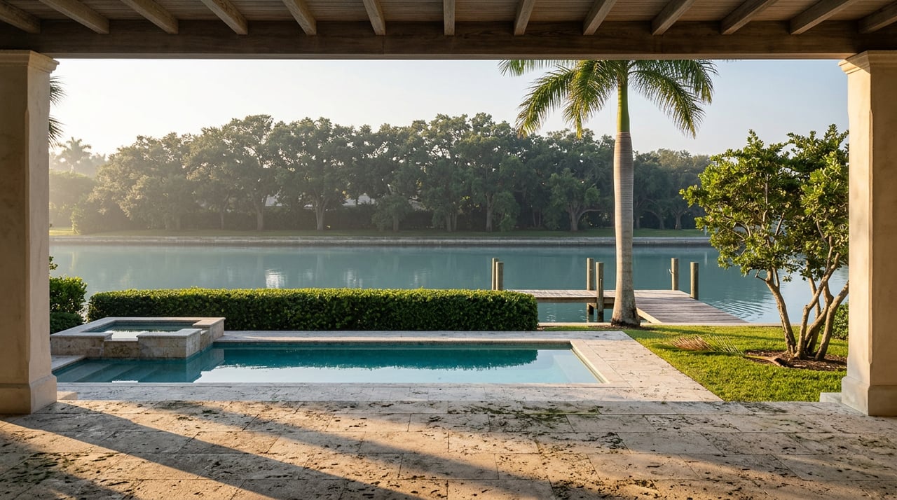 Stucco loggia frames a turquoise pool and dock extending into a canal beneath live oaks.