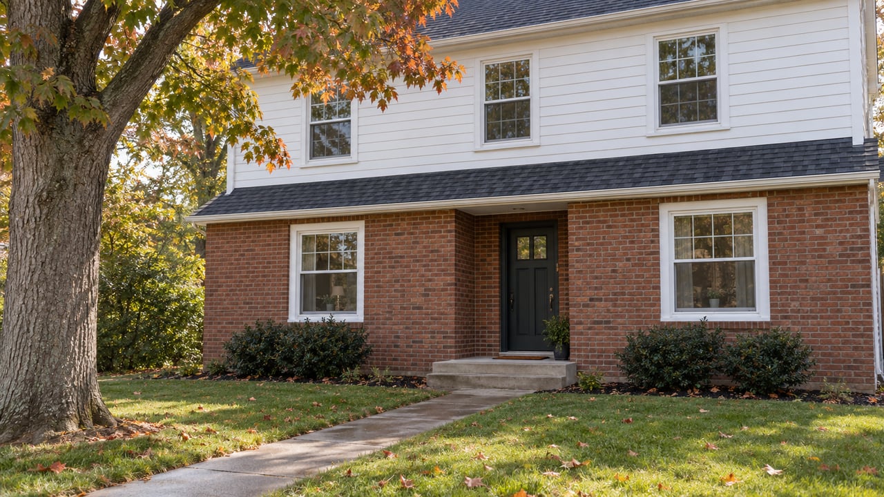 Traditional two-story brick and white-sided house behind a lawn, with a russet-leaved tree and concrete walkway.