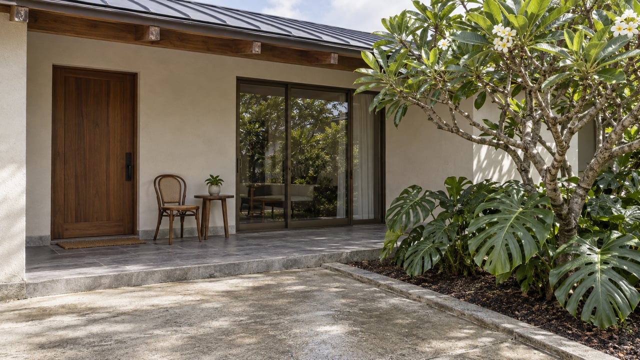 A rain-fresh concrete approach leads to a covered porch with ivory stucco, timber rafters, a woven chair and a sculptural flowering tree.