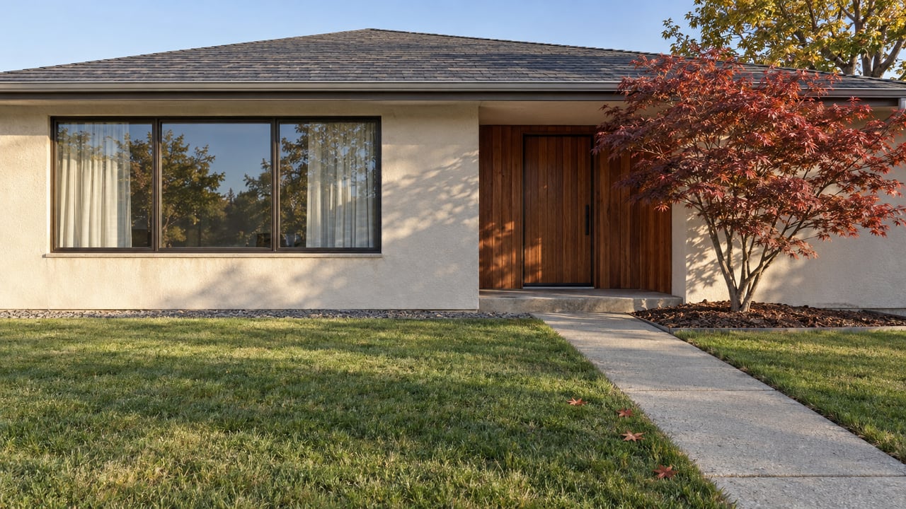 A low-roof ivory stucco home behind a deep green lawn, with a redwood entry and copper-red Japanese maple in afternoon light.