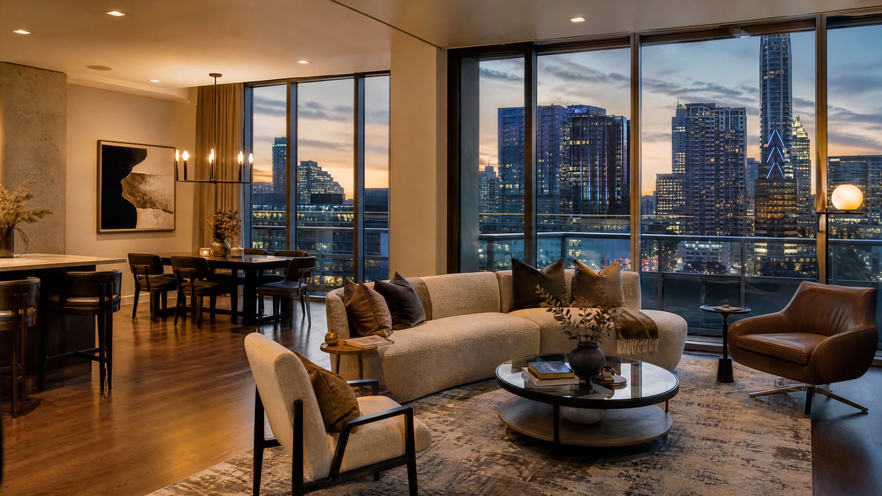 Furnished high-rise living room with floor-to-ceiling windows overlooking the Austin skyline at dusk.