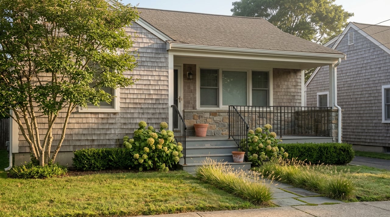 Shingle-sided home with a covered porch, bluestone path, and flowering shrubs beside a close-set neighboring gable.