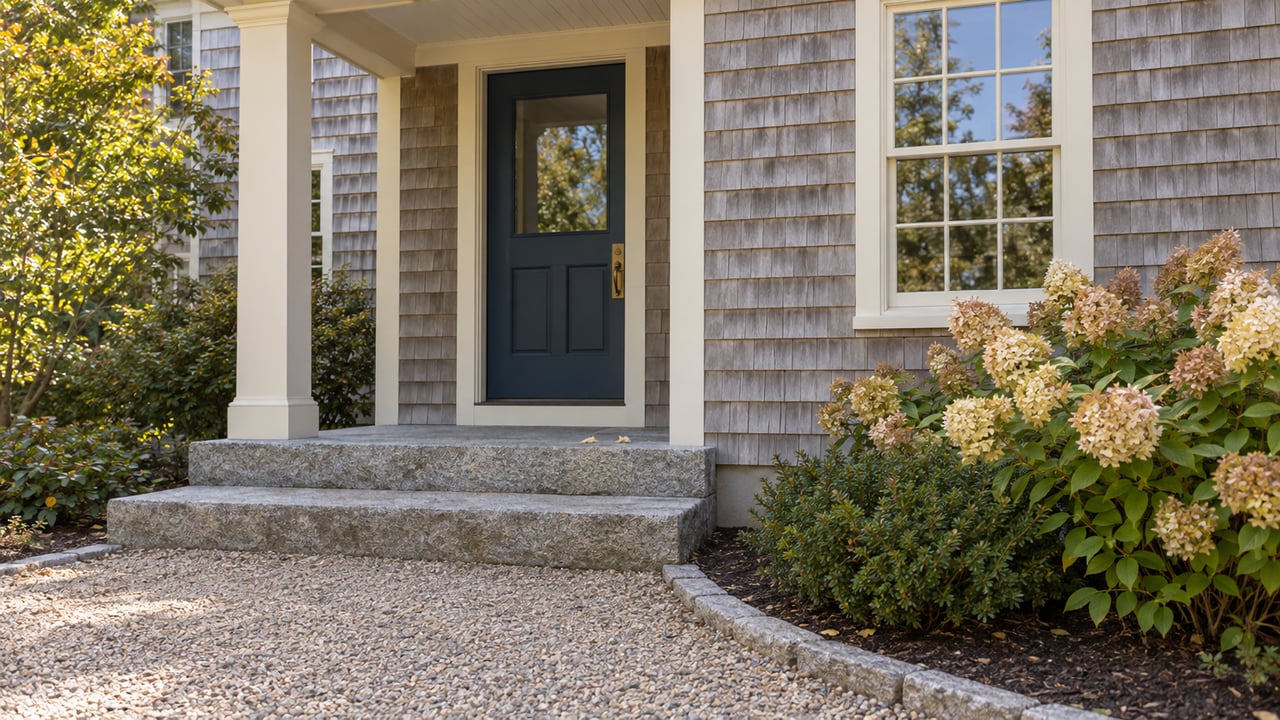 Cedar-shingled house with a dark blue entry door, granite steps, and a curving pea-gravel path.