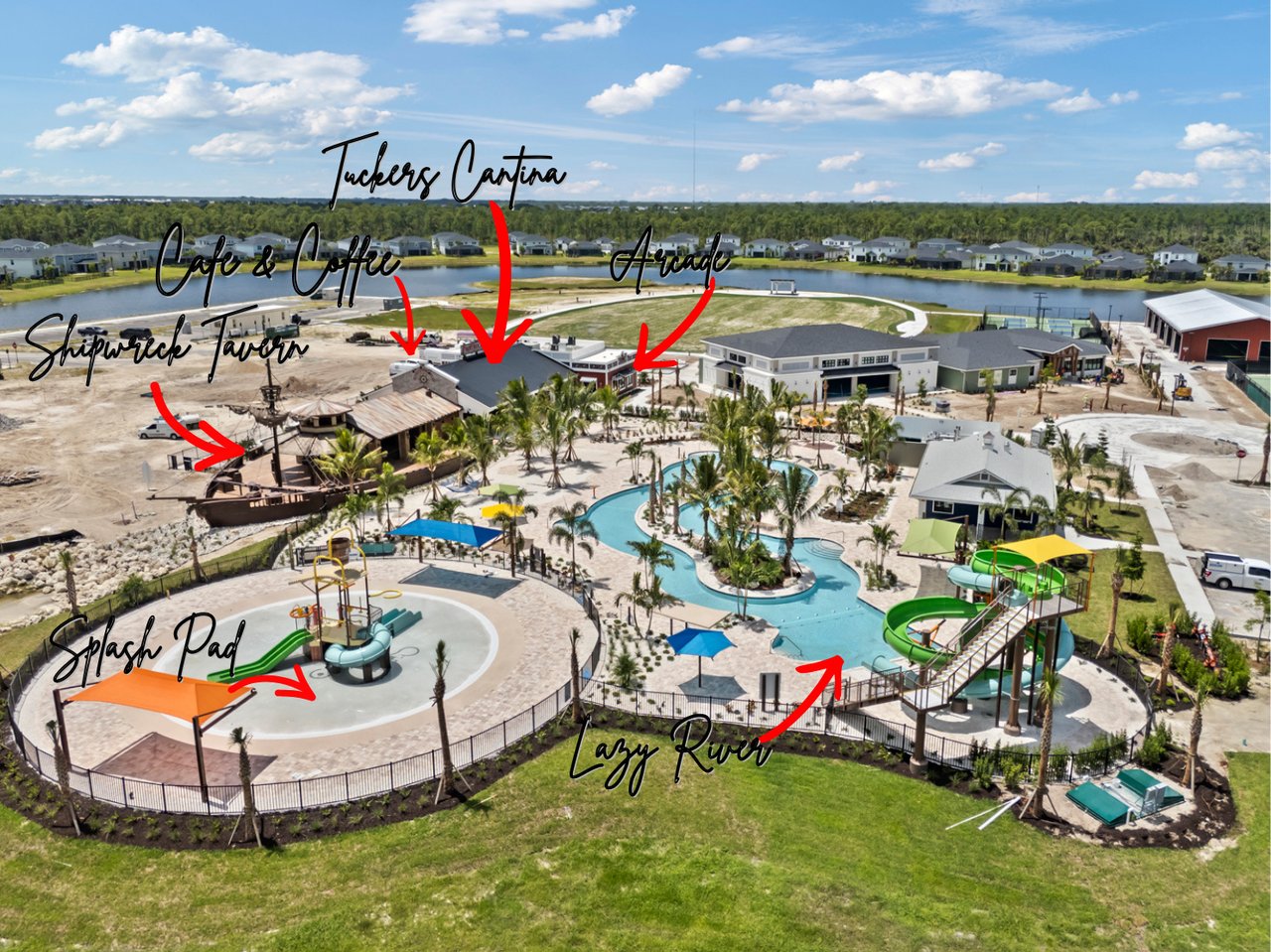 Aerial view of a community amenity complex with a lazy river, waterslides, and splash pad.