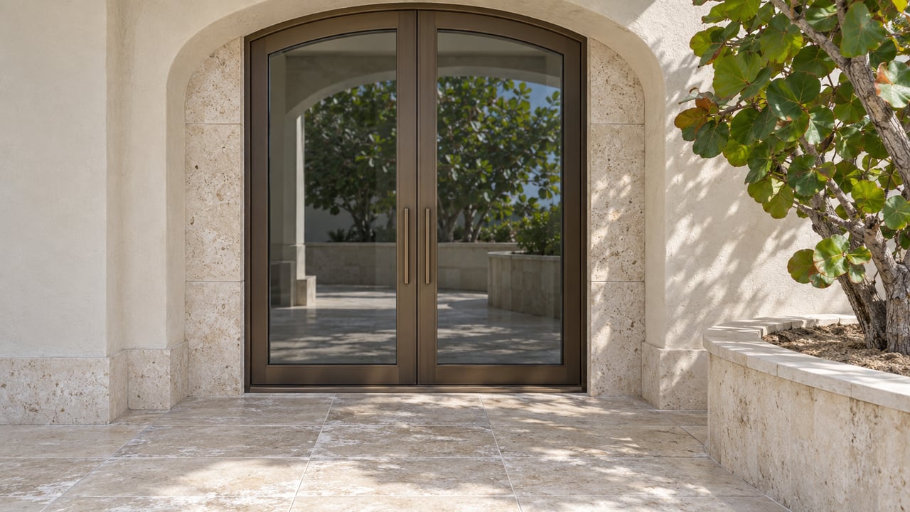 Arched bronze-framed glass doors on a cream stucco residence, opening onto a limestone terrace beside a curved planter with a sea grape tree.