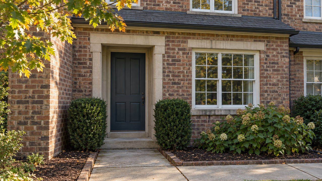 Brick townhouse entrance with a slate-blue door, multipane windows, clipped shrubs, and early-autumn leaves.