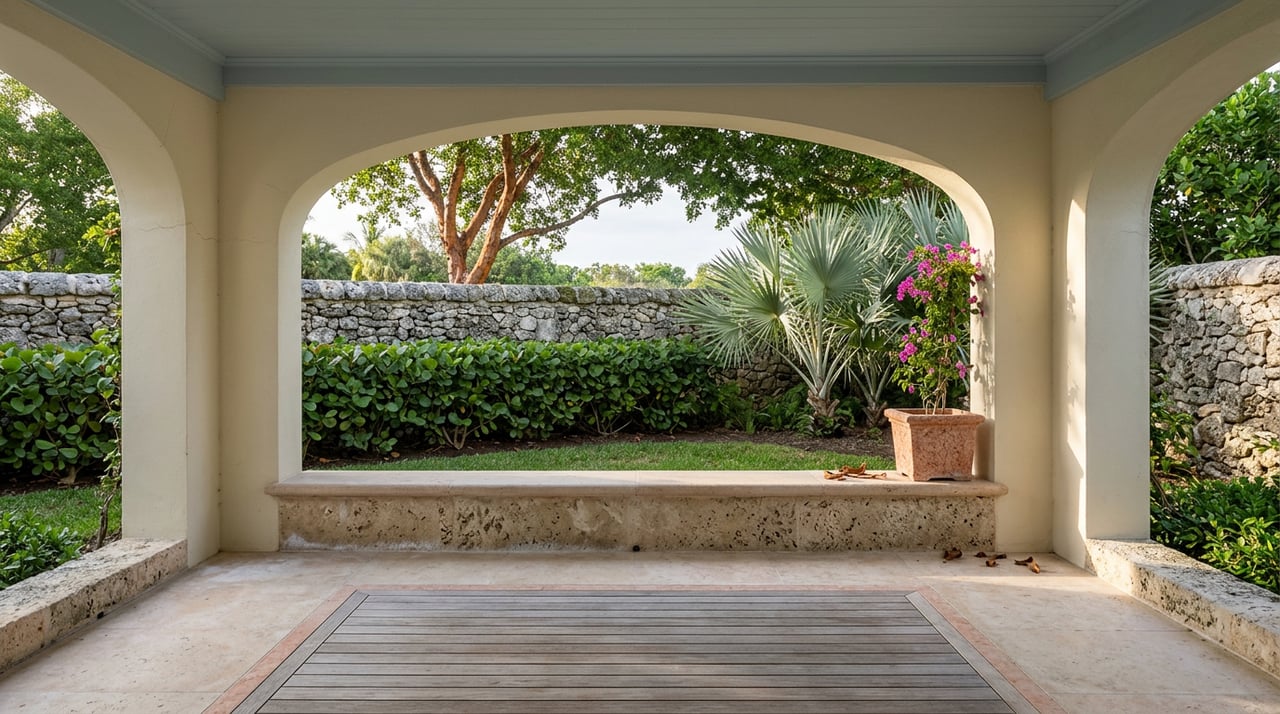 Coral-stone veranda bench frames a walled garden with palms, a clipped hedge, and a gumbo limbo tree.