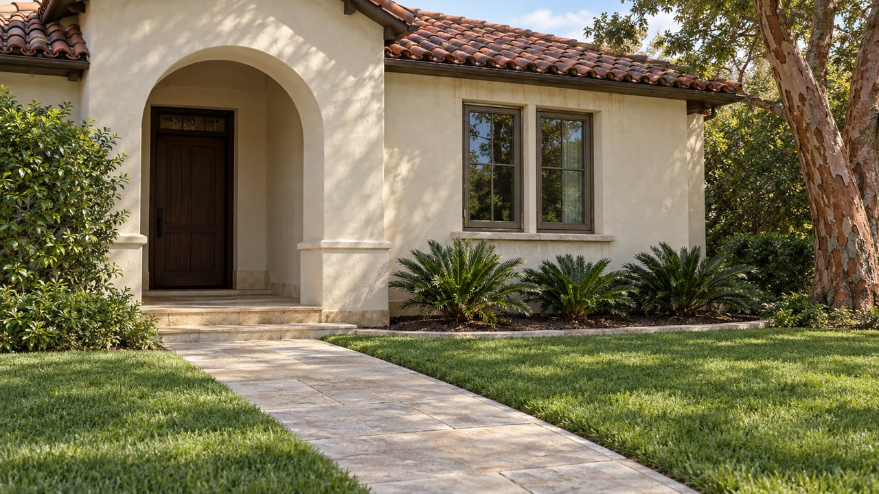 Ivory stucco home with a red clay tiled gable, recessed arched entry, limestone approach and a deep green lawn.