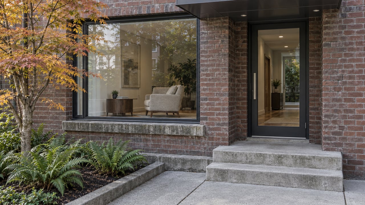 Renovated brick residence with charcoal-framed glazing, concrete entry steps, and a vine maple above sword ferns.