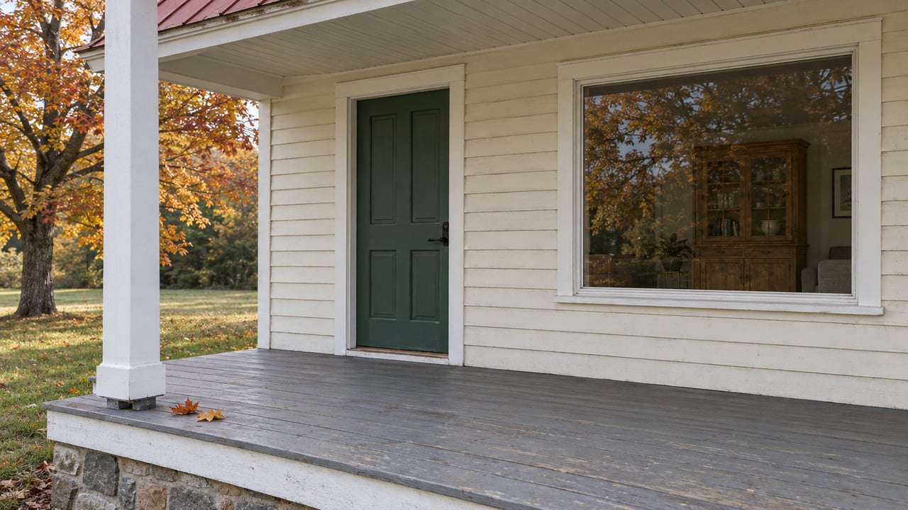 Cream clapboard cottage porch with a green entry door, gray wood decking, red metal roof edge and autumn sugar maple beside the lawn.