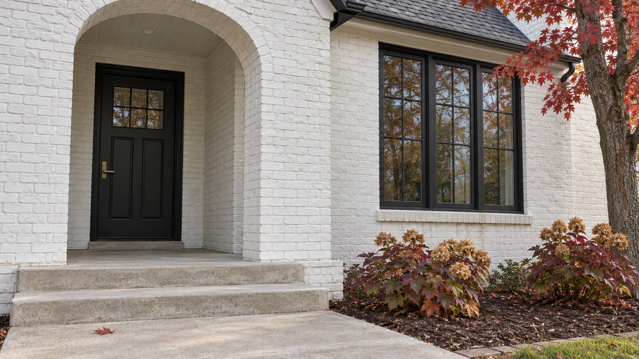 White painted-brick home with a recessed arched black entry, black-framed window, concrete steps and burgundy oakleaf hydrangeas.