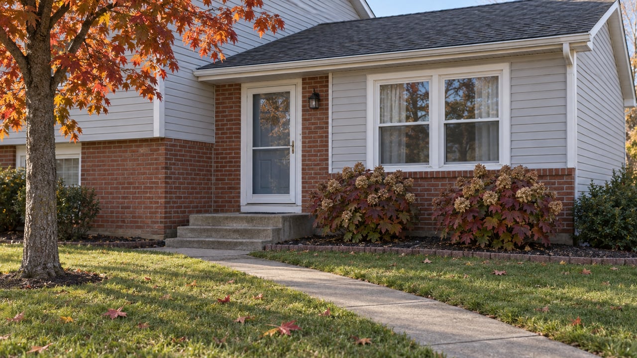 Light-gray split-level home with a brick base, concrete front walk, autumn maple and burgundy oakleaf hydrangeas.