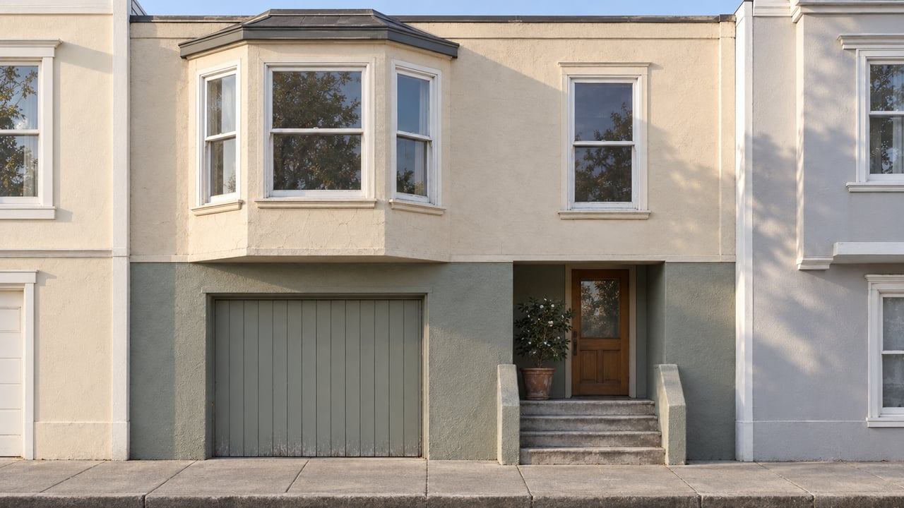 A compact stucco home with white bay windows, a timber garage door and recessed entry steps in afternoon sunlight.