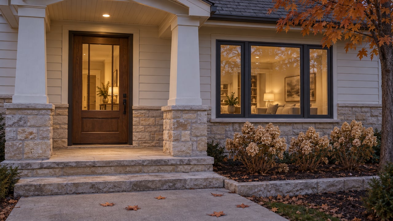 Warmly lit entry and broad window of a limestone and painted-siding home at dusk, with stone steps and dried hydrangea flowers.