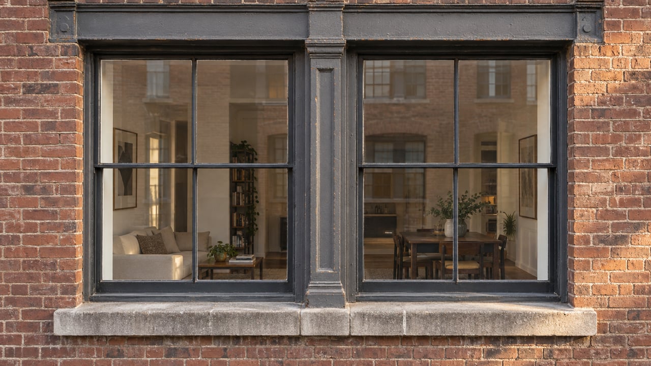 Two tall steel-framed loft windows set into weathered brick and gray cast iron, illuminated by angled afternoon light.