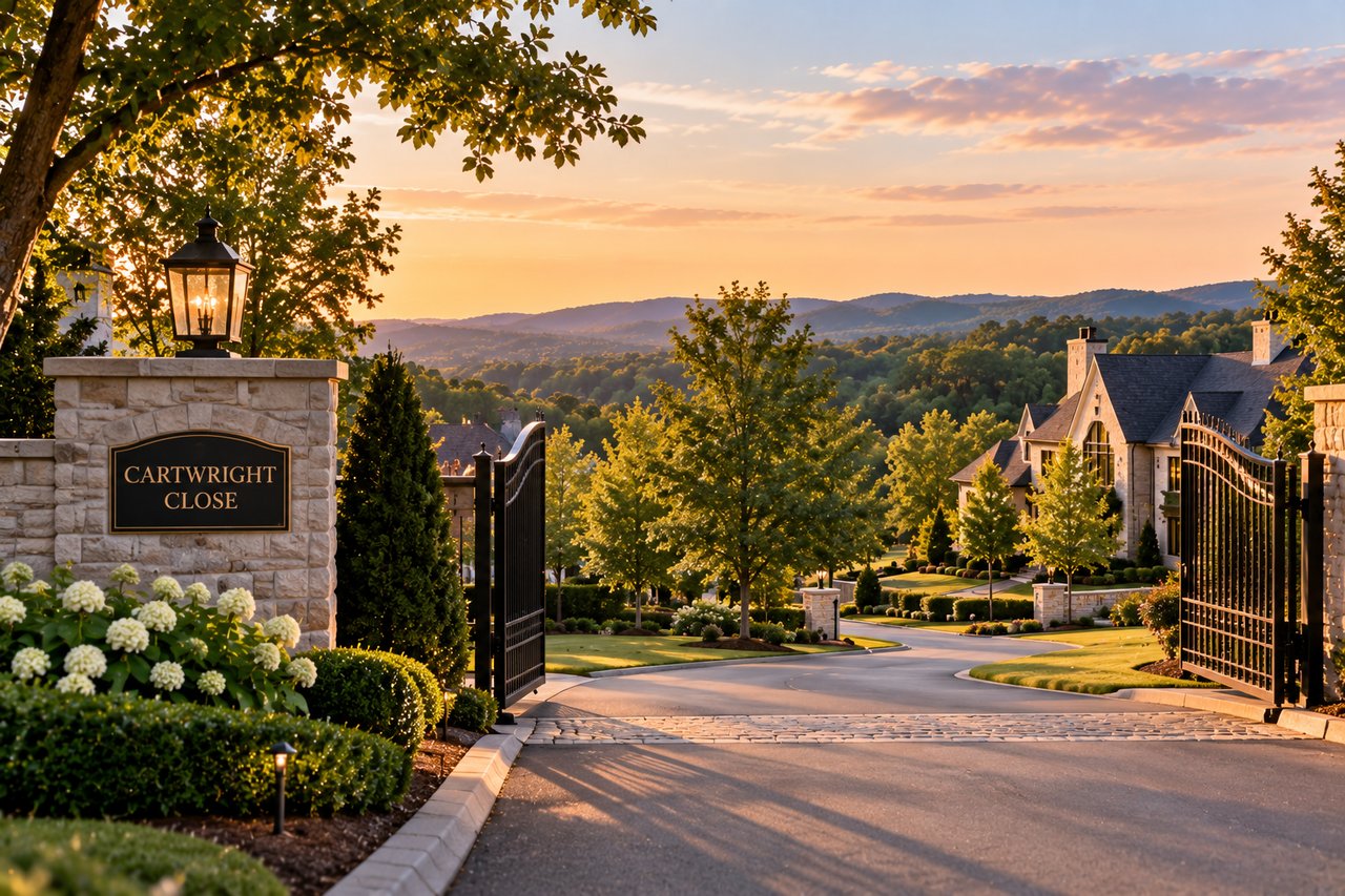 Gated entrance to Cartwright Close in Brentwood, Tennessee, featuring luxury estate homes, spacious lots, manicured landscaping, and a private upscale neighborhood setting.