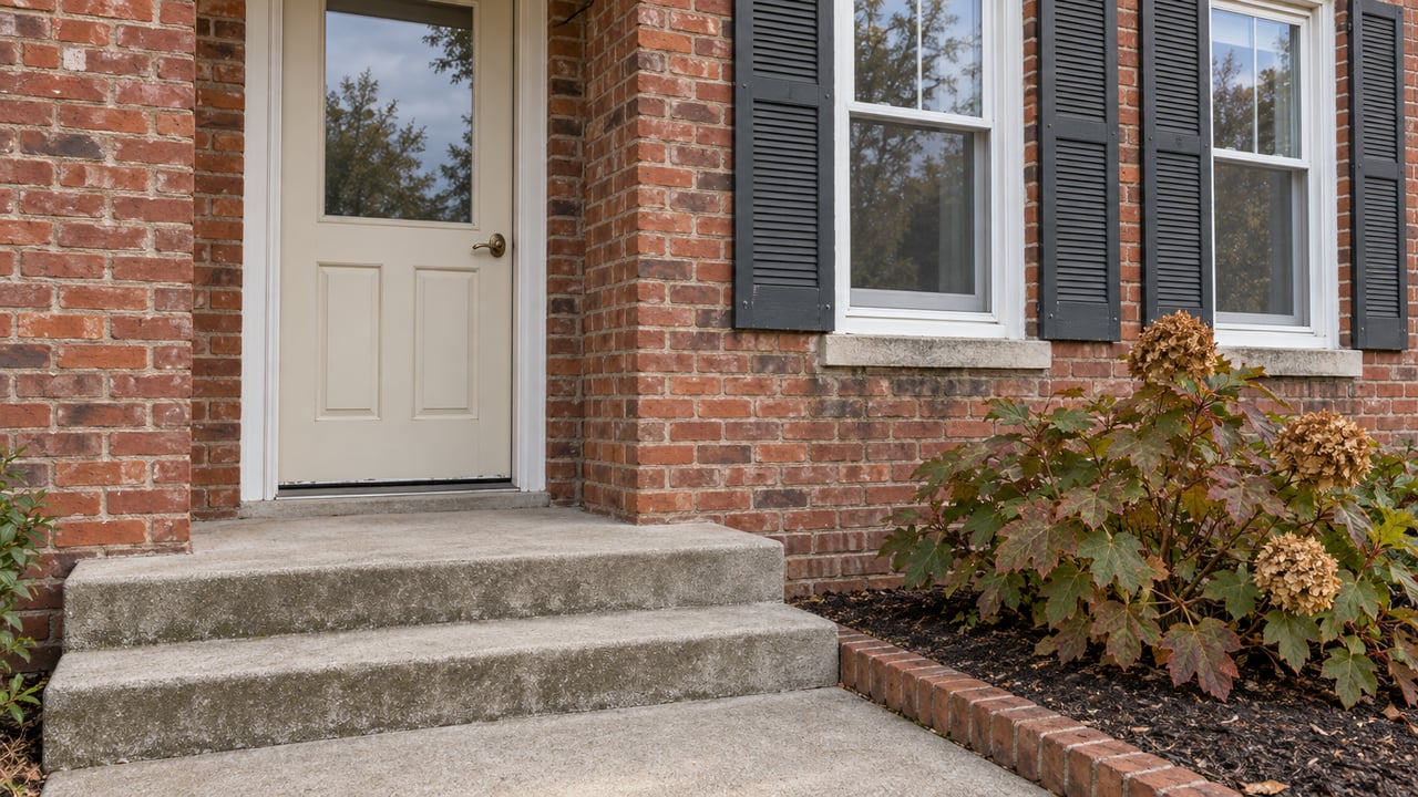 Red brick home entry with a cream door, white double-hung windows, charcoal shutters and worn concrete steps beside an oakleaf hydrangea.