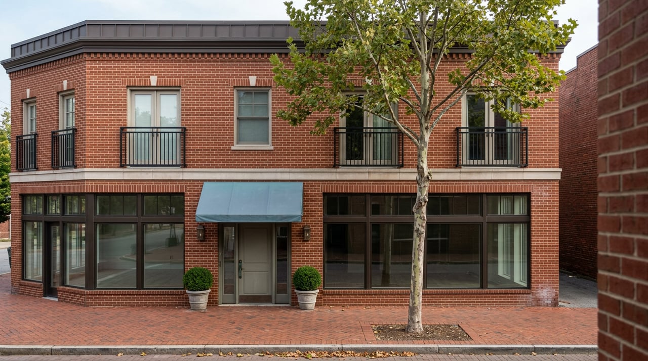 Two-story red brick corner building with storefront windows, slate-blue entry awning, and a sidewalk tree.