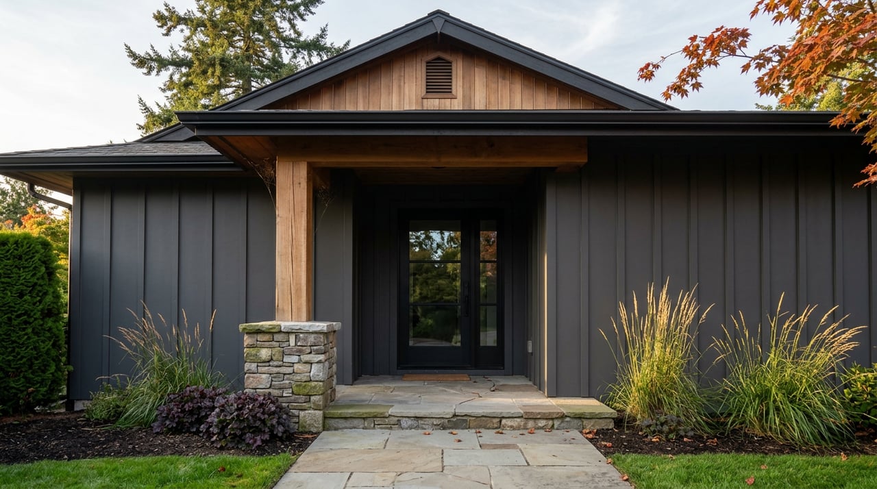 Craftsman entry with a cedar post on a stone base, flagstone path, charcoal siding, and red-orange maple leaves.