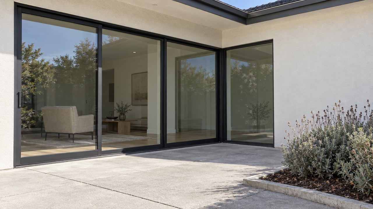 Low-angle view of black-framed patio glazing, ivory stucco, weathered concrete paving and two Cleveland sage shrubs.
