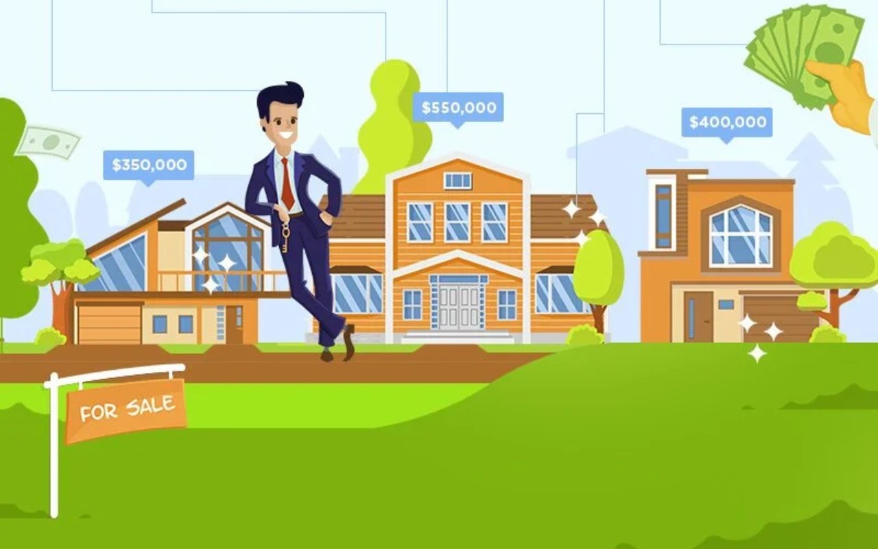 Illustration of homes for sale with price tags, a real estate agent, and cash.