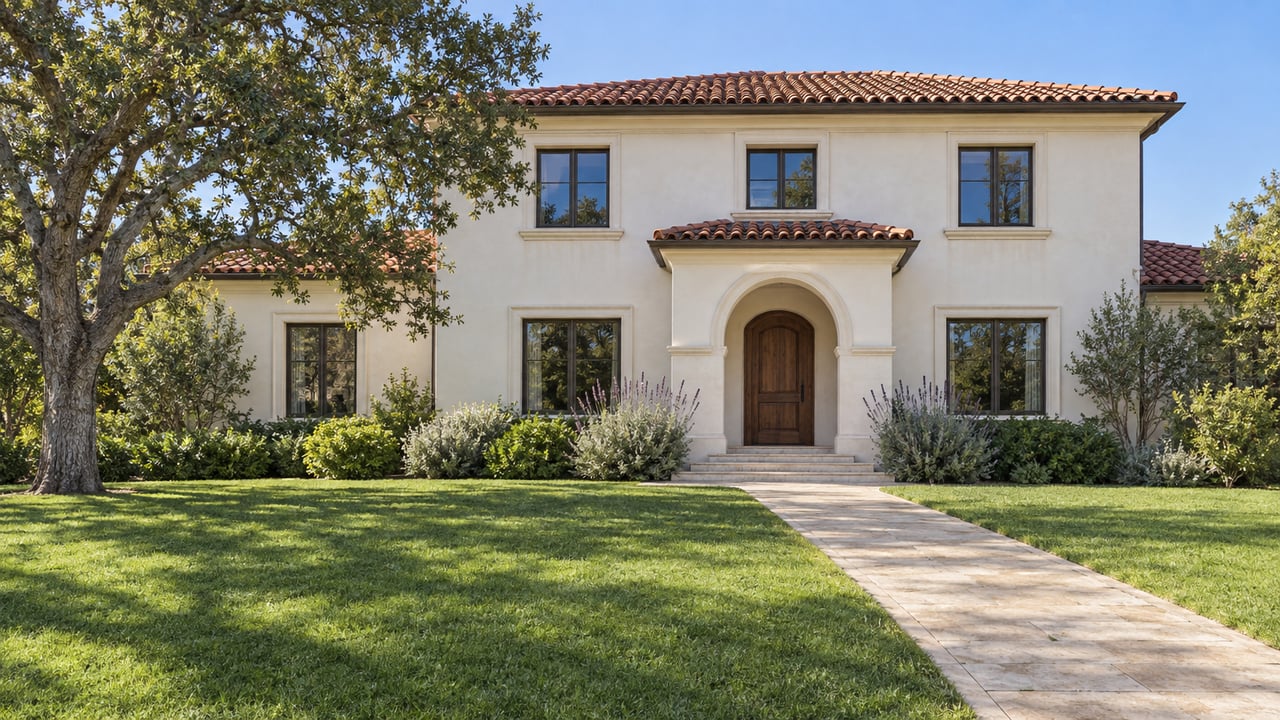 Cream stucco home with a terracotta roof, recessed arched entry, broad lawn and mature oak in morning sunlight.