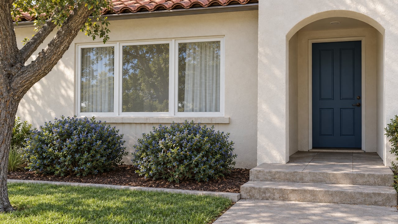 Sunlit cream-stucco home with a red clay tile roof, recessed blue front door, white-framed window and planted front approach.