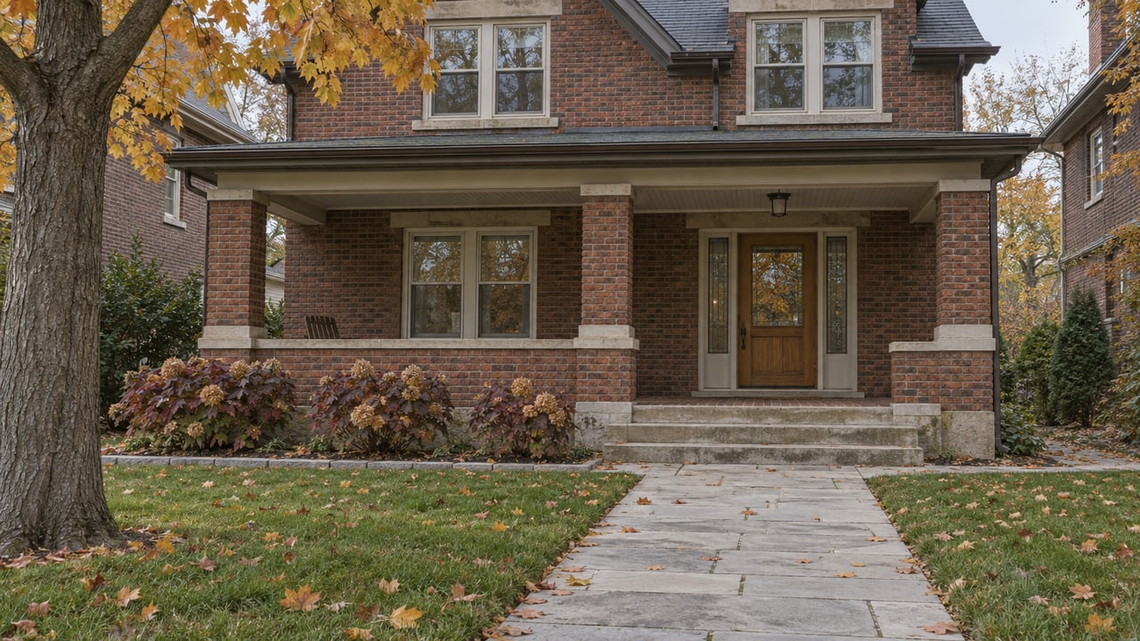 Weathered brick home with limestone steps, a broad covered porch and autumn maple foliage beside a deep front walk.