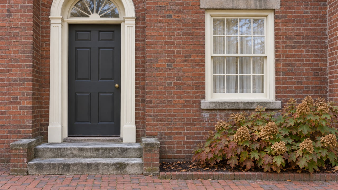 A charcoal-painted residential door with an ivory fanlight surround beside a sash window in weathered red brick, above limestone steps and a brick approach.