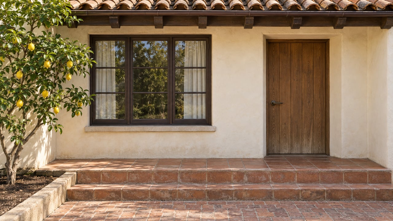 Ivory plaster cottage entrance with an oak door, divided-light window, worn terracotta steps and a lemon tree.
