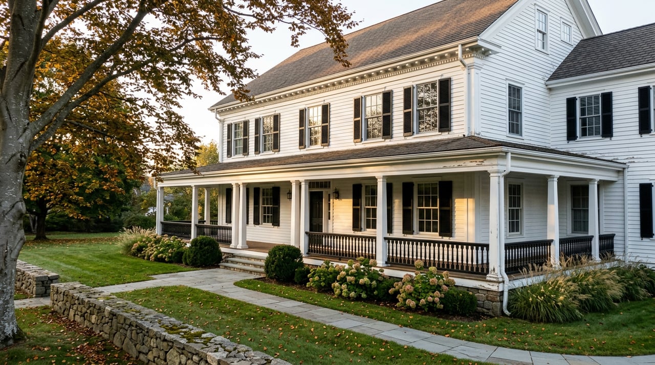 White Colonial home with a wraparound porch, curved stone walkway, and bronze-gold beech leaves.