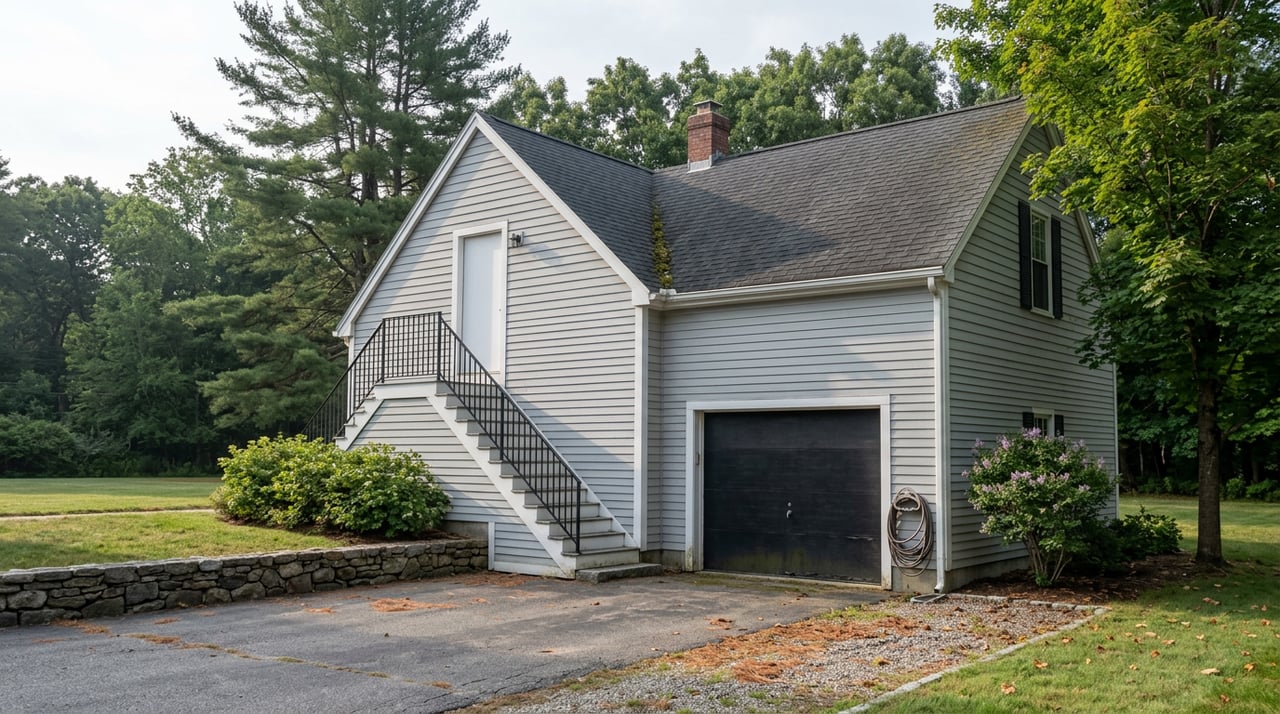 Detached gray carriage house with a black garage door and exterior stairs leading to an upstairs door.