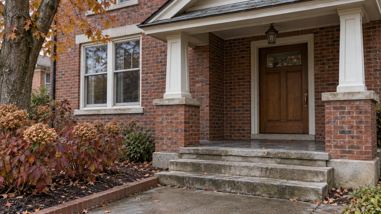 Weathered red-brick home with an oak front door, limestone porch steps and burgundy oakleaf hydrangeas in autumn.