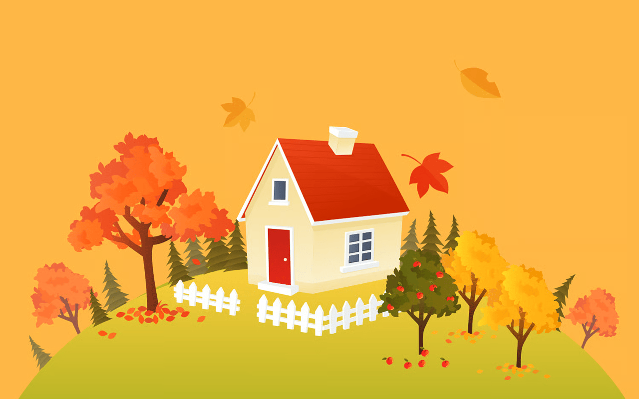 Small cream house with a red roof among autumn trees, white fences, and fallen apples.