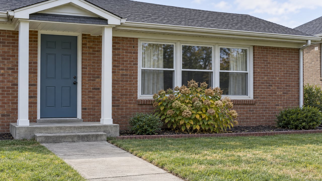 A modest red-brown brick home with a blue front door, shallow concrete stoop, white-framed windows and a short lawn in soft autumn daylight.