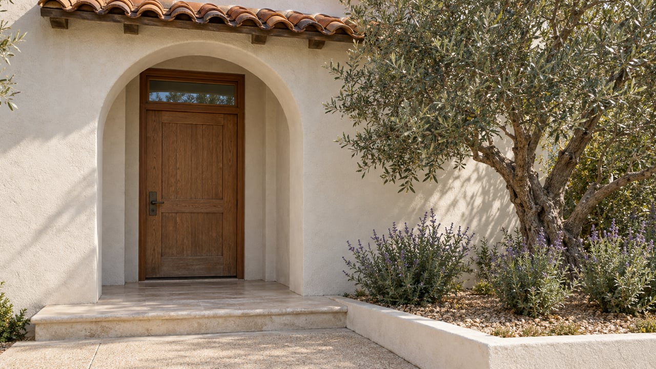 Sunlit arched stucco entry with an oak door, pale stone step and a silver-green olive tree.