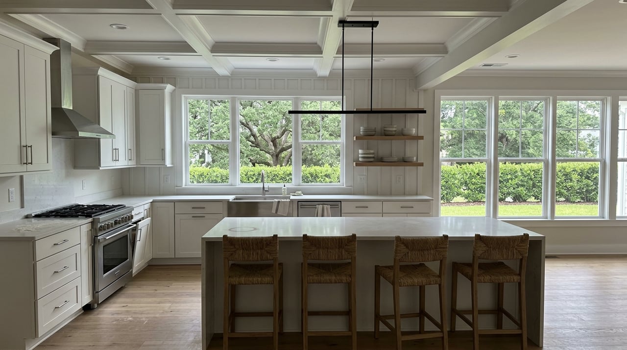 Open-concept kitchen with a quartz island, woven-seat stools, white cabinets, and a live oak visible through rear windows.