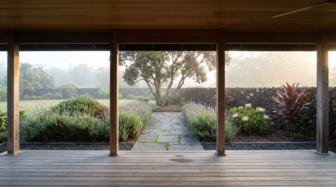 Cedar lanai frames a misty bluestone garden path leading to a flowering tree and lava rock wall.