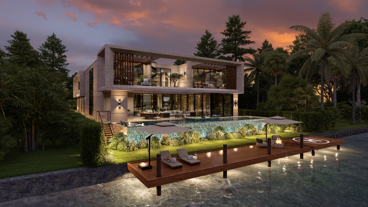 Modern waterfront home with an illuminated pool and wooden dock at dusk.