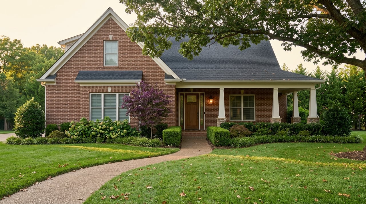 Two-story brick house behind a broad lawn, with a curved walkway and oak canopy arching over the roof.