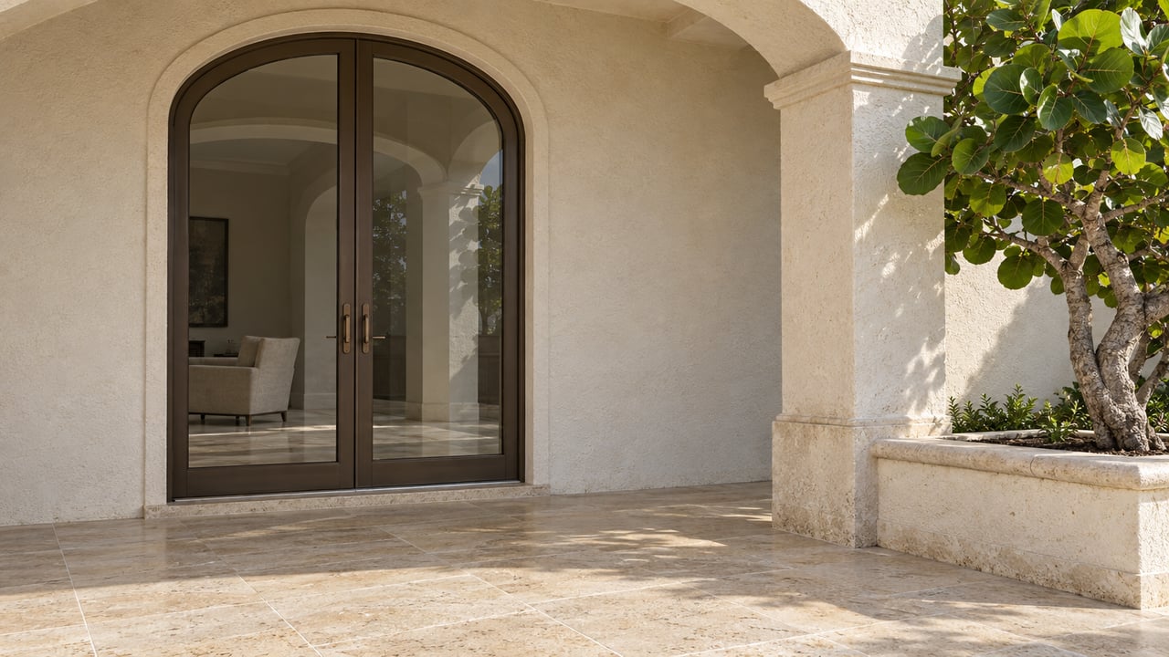 Covered home entry with arched glass doors, a tiled patio, and a leafy tree in a raised planter.