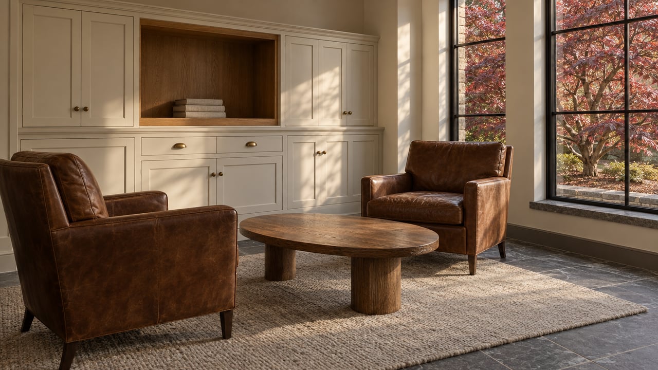 An intimate sitting room with ivory built-in cabinetry, two tobacco leather chairs, an oak table and tall black-framed windows overlooking autumn dogwood foliage.