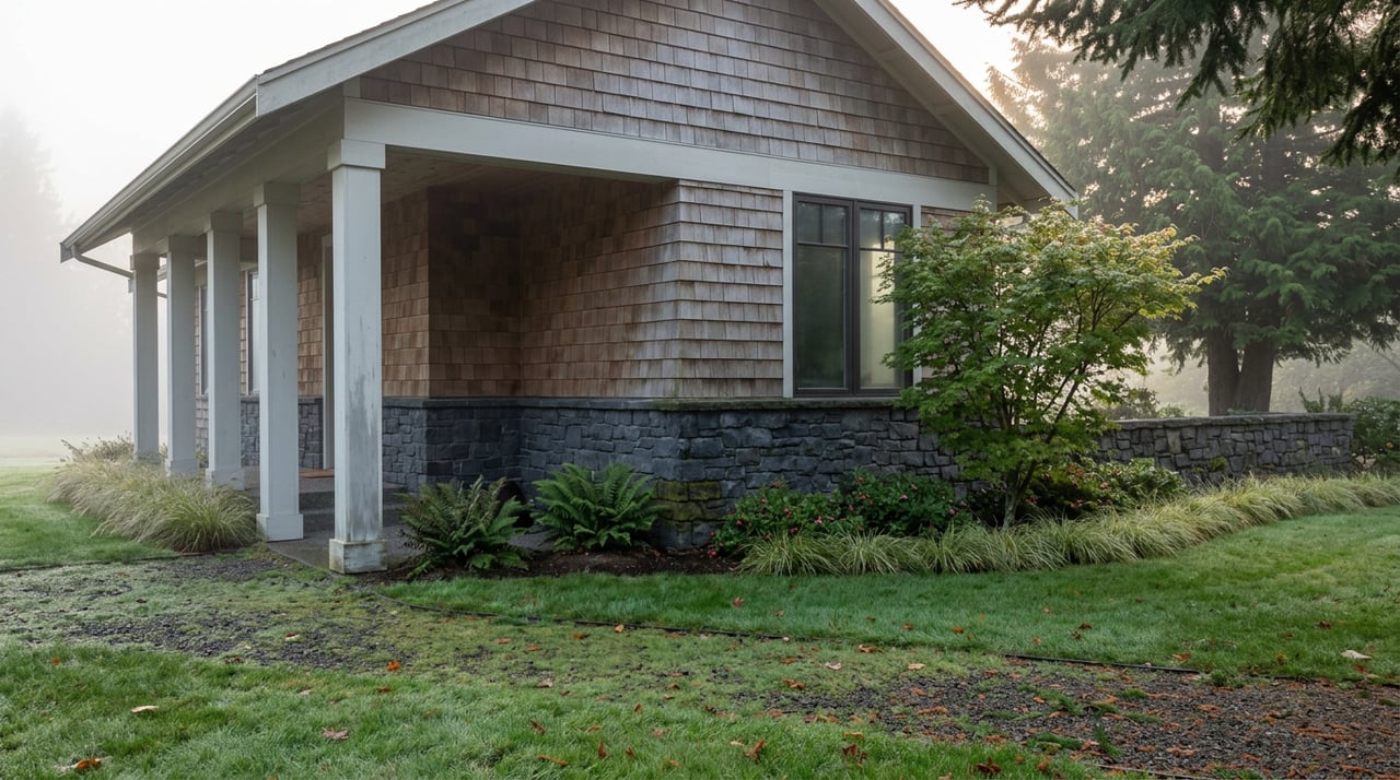 Gravel path leads through a foggy garden to a cedar-shingled home with a basalt porch wall and conifers.